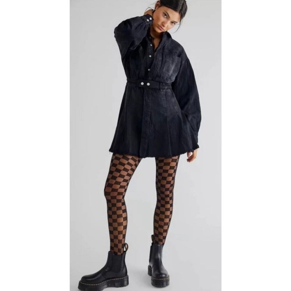 Free People Mini Dress Black Denim Button Front Shirt Dress Raw Edge Hem Medium